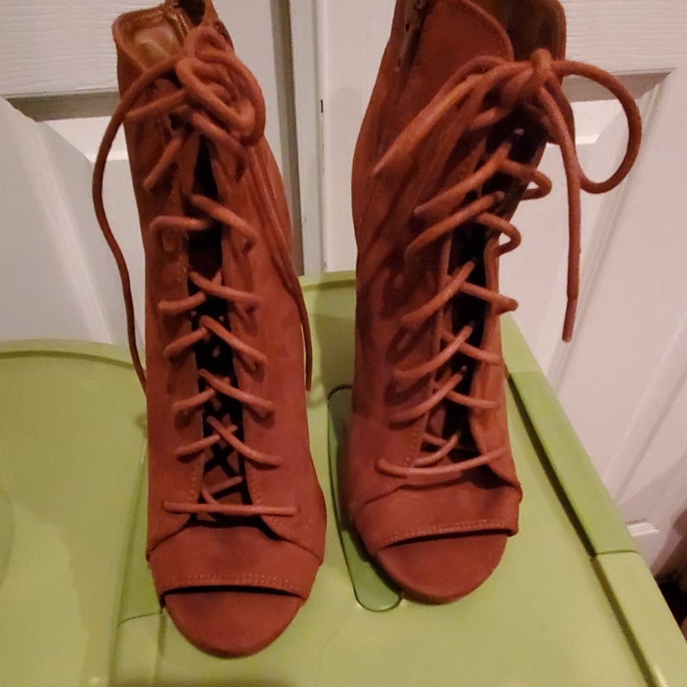 Brown open toe boots